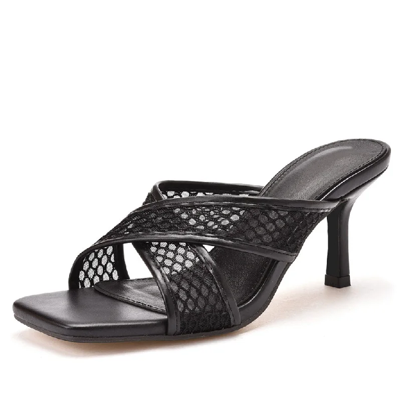 Affordable Women’s Shoes Modern Solid Crisscross Mesh Net Stiletto Mules - Black