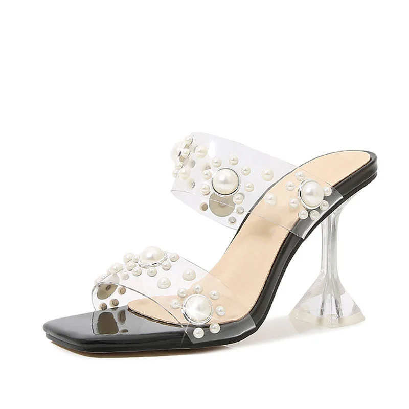 Women’s Comfortable Sandals Opulent Pearl Embellished Clear Strap Square Toe PVC Mules - Black