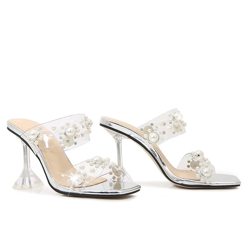 Women’s Dress Shoes Opulent Pearl Embellished Clear Strap Square Toe PVC Mules - Silver