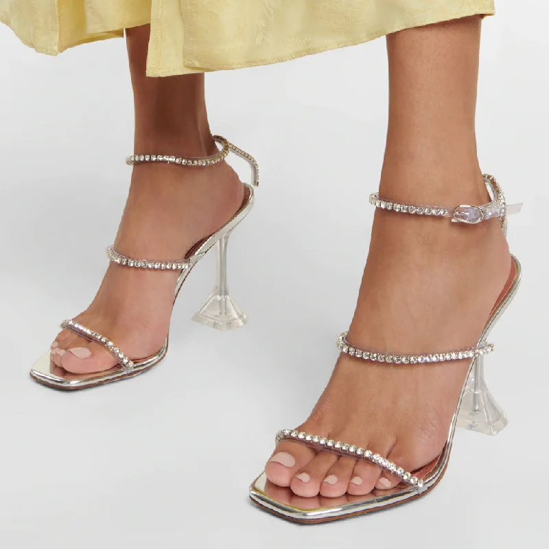 Stylish Sandals For Women Shiny Crystal Ankle Strap Square Toe Clear PVC Martini Heel Sandals - Silver