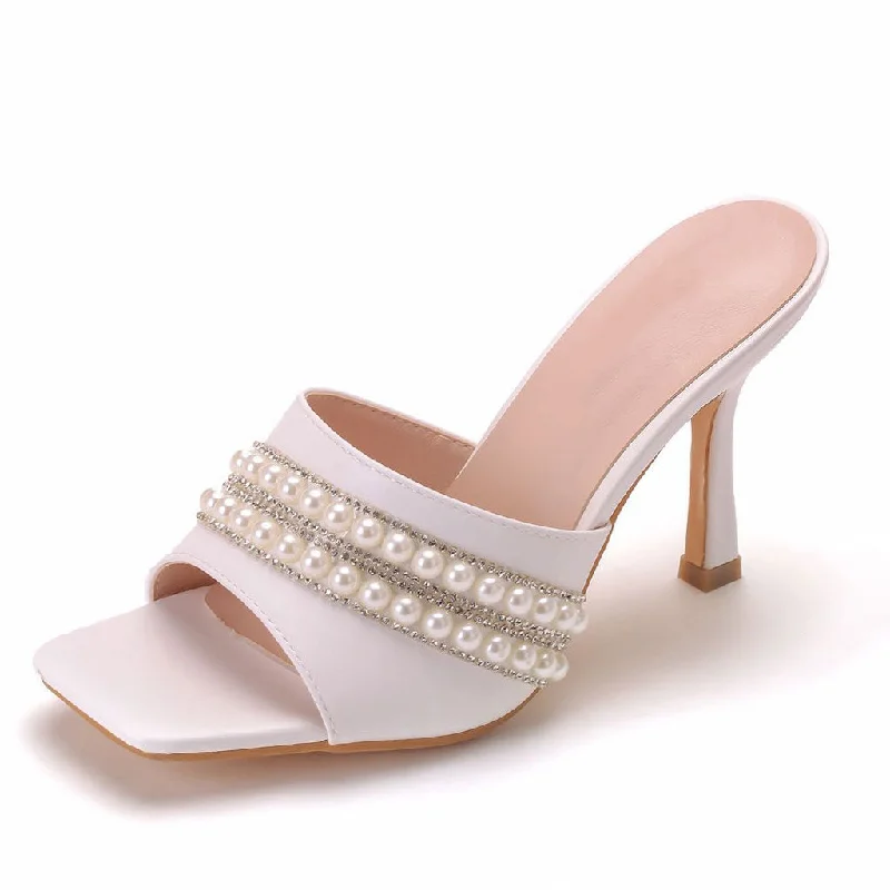 Women’s Dress Sneakers Sparkly Rhinestone Embellished Square Toe High Heel Mules - White