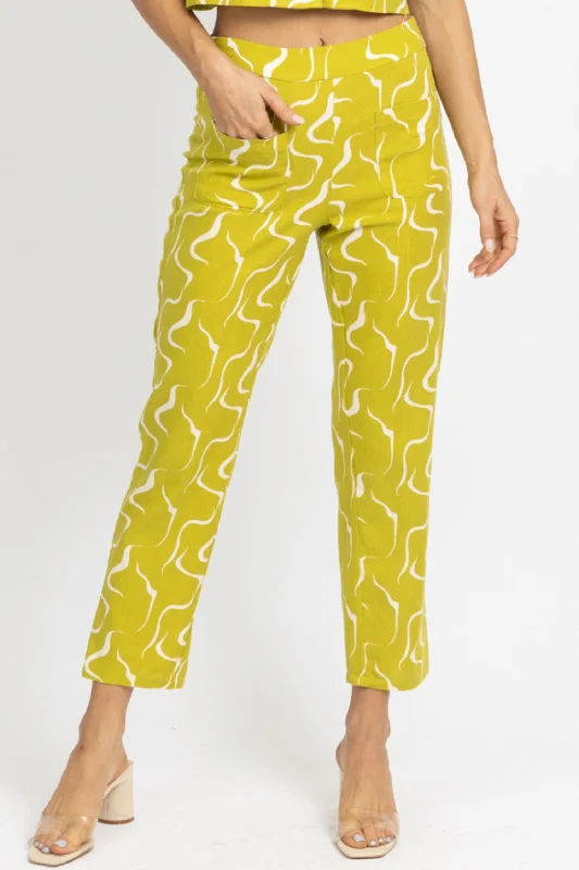 Comfortable Summer Pants Linen Abstract Culotte Pant In Lime