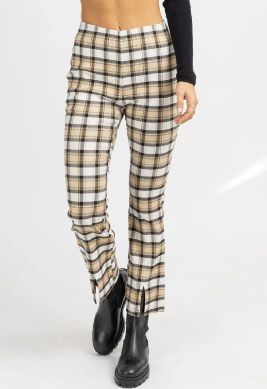 Affordable Fashion For Women Plaid Wide Leg Slit Hem Pants In Tan