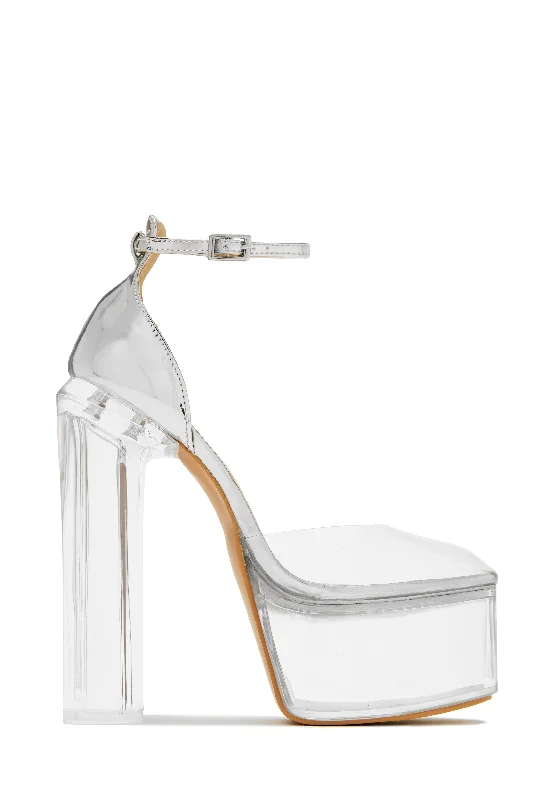 Trendy Formal Shoes Adore Me Ankle Strap Platform Block High Heels - Silver