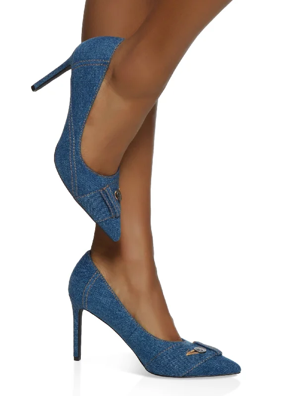 Trendy Sports Footwear Button Detail Denim Pumps