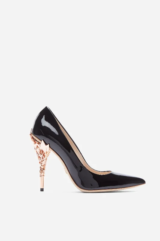 Trendy Platform Sneakers Black Patent Leather Eden Heels with Rose Gold Leaves