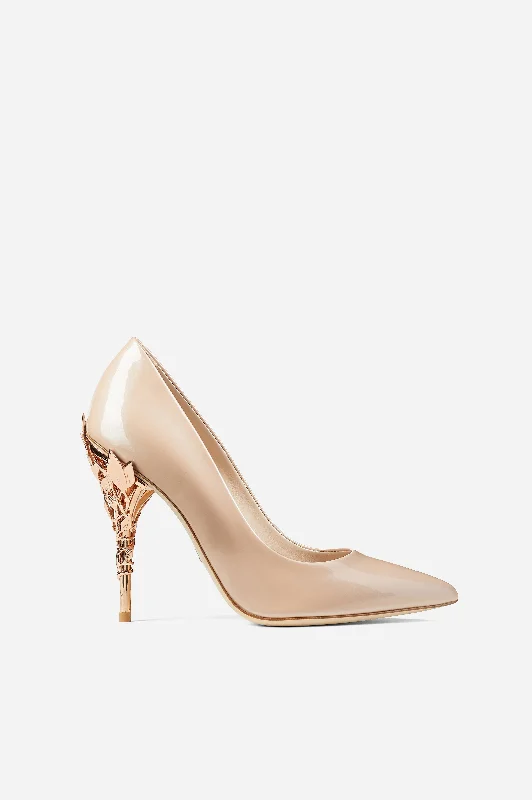 Outdoor Shoes Collection Pink Patent Leather Eden Heels with Rose Gold Leaves
