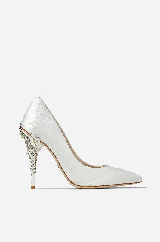 Cozy Winter Shoes White Satin Eden Heels with Pearl and Silver Leaves