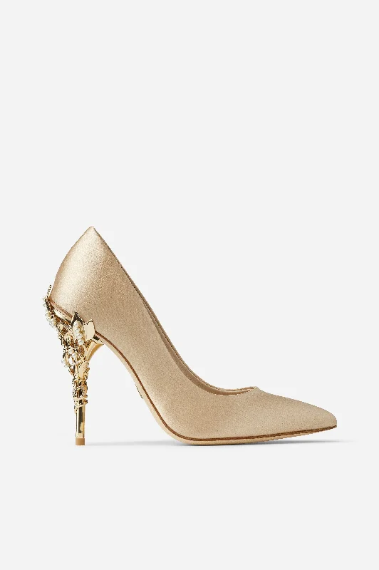 Waterproof Snow Boots Gold Satin Eden Heels with Pearl and Gold Leaves