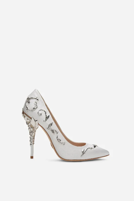 Formal Wedding Shoes White Satin Eden Pumps with Silver Leaves