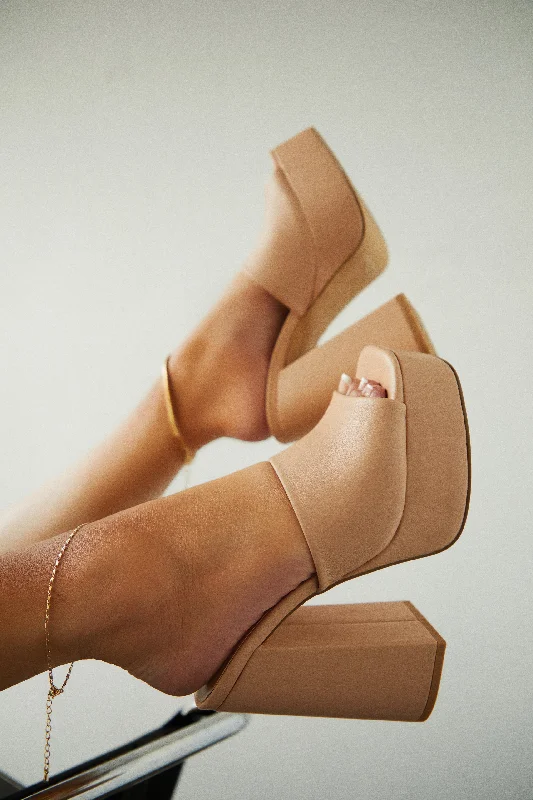 Durable Work Boots Emily Platform Block Heel Mules - Nude
