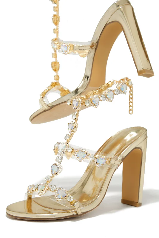 Lightweight Hiking Shoes Ezylynn Heart Embellished High Heels - Gold