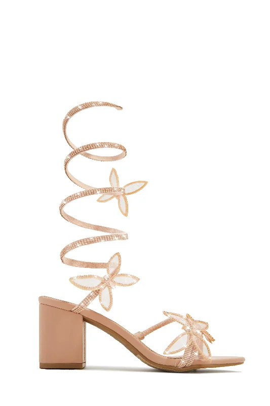 Comfortable Loafers For Work Fantasy Embellished Around The Ankle Coil Block Heels - Nude