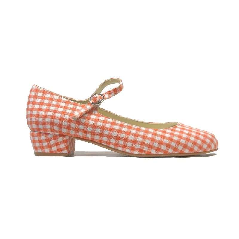 Leather Sandals For Sale 'Gracie' Mary-Jane tangerine gingham textile Low-Heels by Zette Shoes Leather Sandals For Sale 'Gracie' Mary-Jane tangerine gingham textile Low-Heels by Zette Shoes