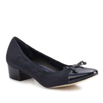 High Fashion Work Boots Hollis Pump: Navy Micro Fabric with Patent Leather I Walking Cradle High Fashion Work Boots Hollis Pump: Navy Micro Fabric with Patent Leather I Walking Cradle