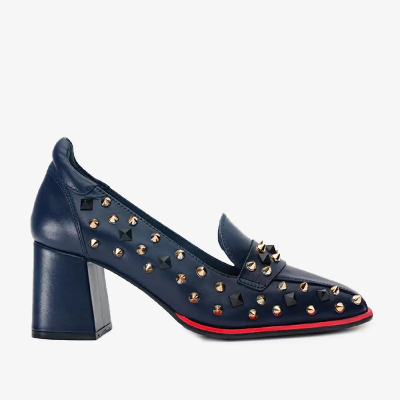 Warm Winter Boots The Infanta Navy Blue Spike Leather Block Heel Pump Women Shoe