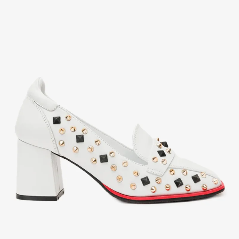 Comfortable Loafers For Men The Infanta White Spike Leather Block Heel Pump Women Shoe