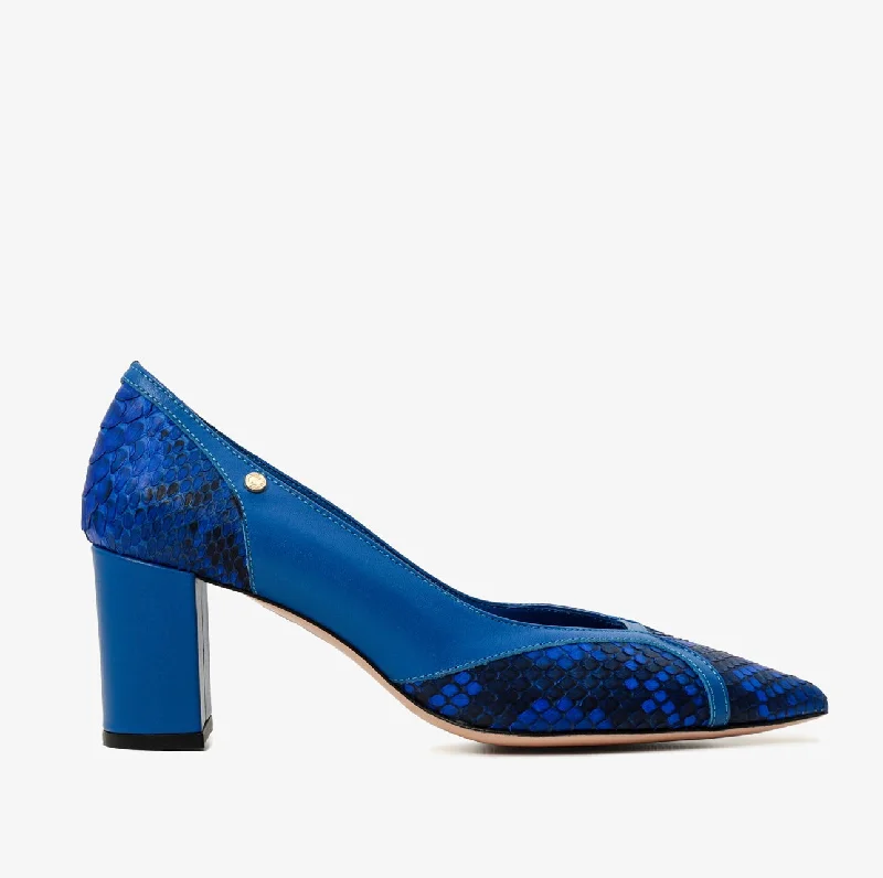 Comfortable Walking Sandals The Toskana Sax Blue Pythn Leather Block Heel Pump Women Shoe