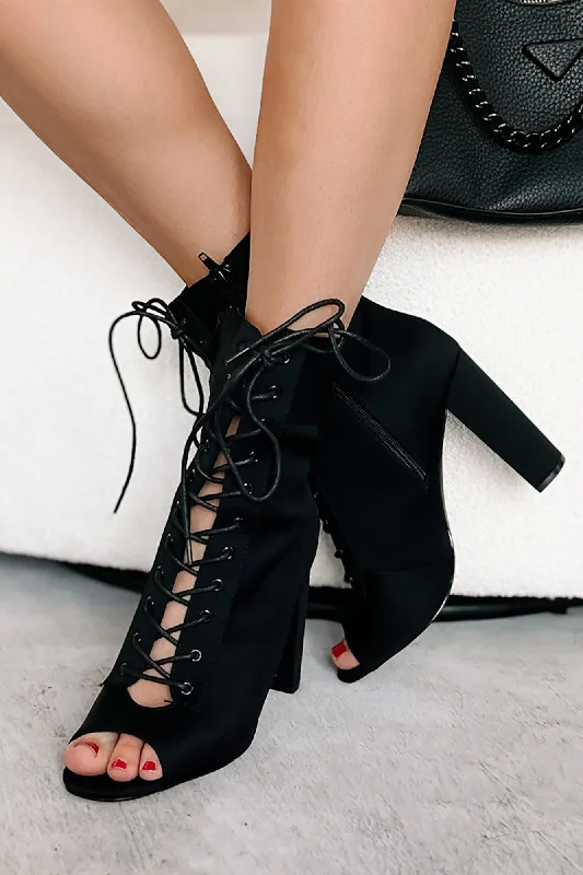 Stylish Sneakers For Running Uptown Chic Open Toe Lace-Up Booties (Black)