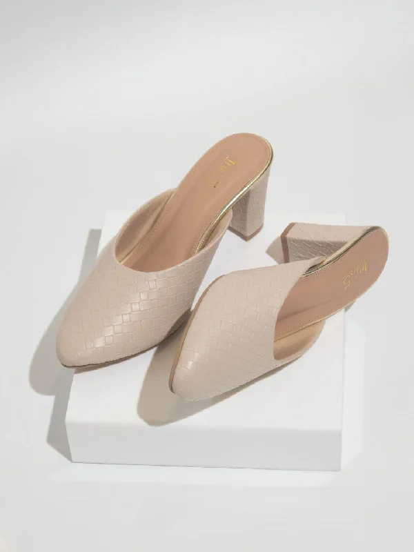 Women Beige Textured Block Mules