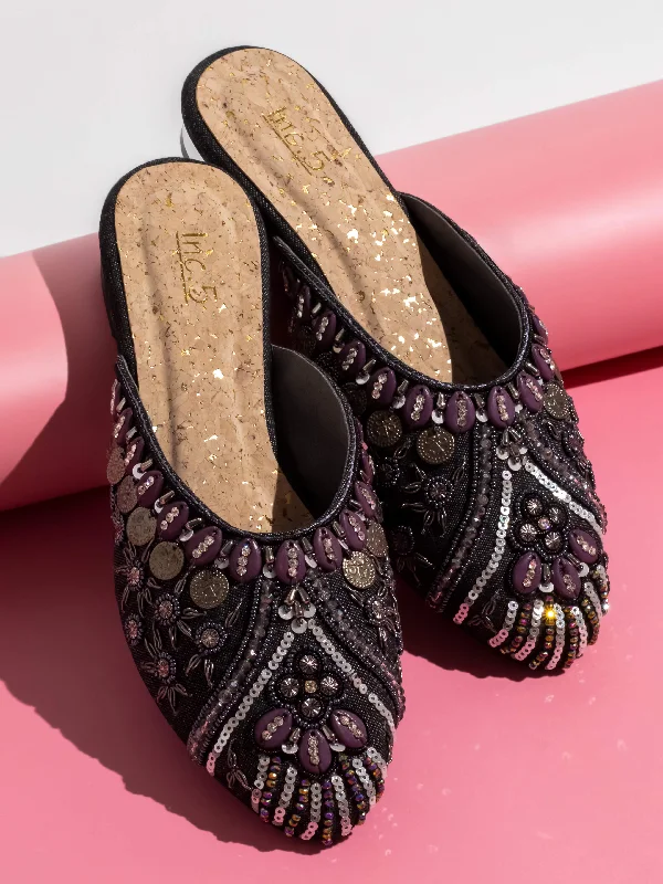 Comfortable Flip Flops Women Black Embellished Ethnic Block Mules Heels