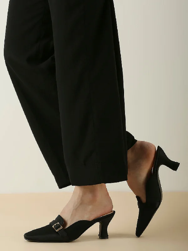 Formal Leather Shoes Women Black Party Kitten Heels Mules With Buckles