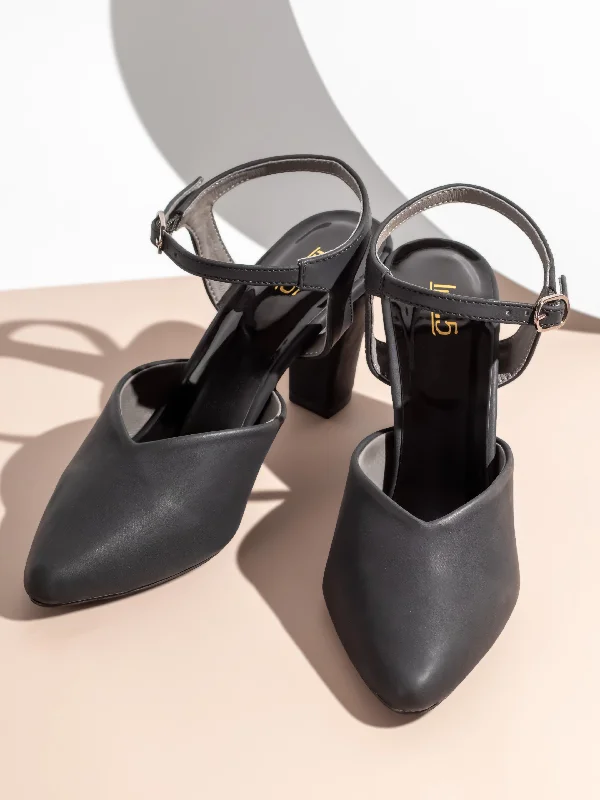 Trendy Casual Shoes Women Black Pointed Toe Block Mules With Buckle Closure