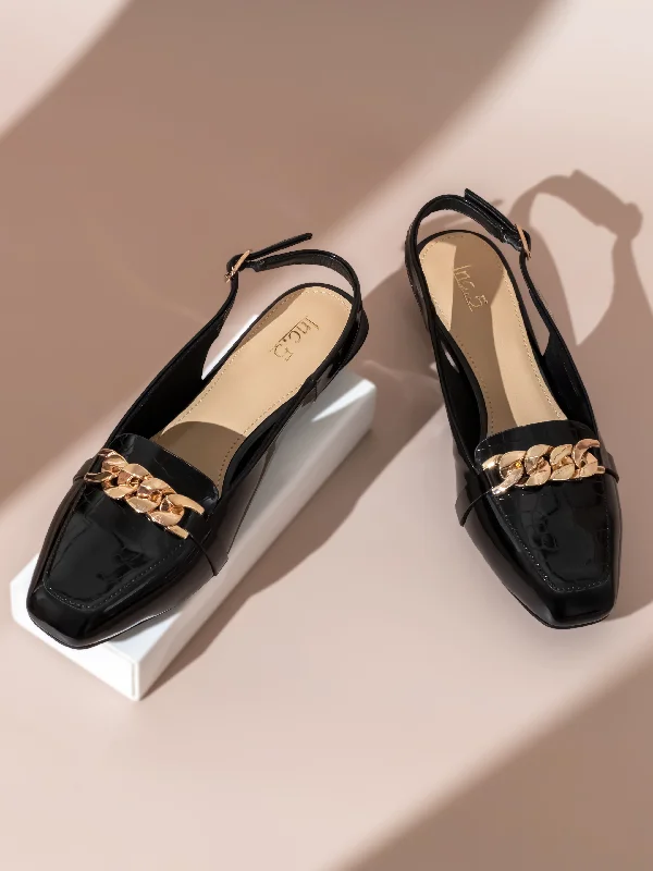High Quality Sneakers Women Black Textured Block Mules with Chain Buckles