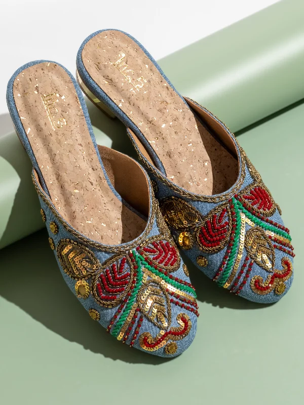 Trendy Formal Shoes Women Blue Embroidered Round Toe Mules