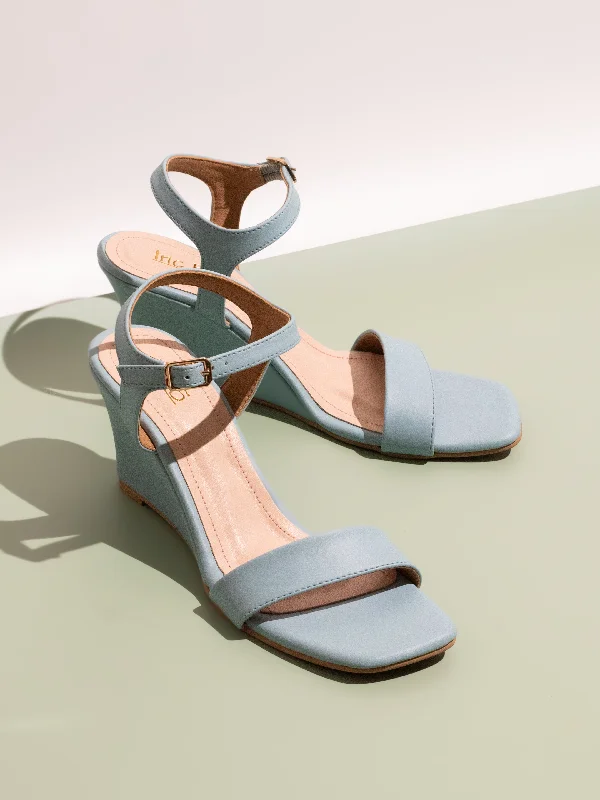 Eco-Friendly Sneakers Women Blue Open Toe Wedge Heels With Buckle Closure