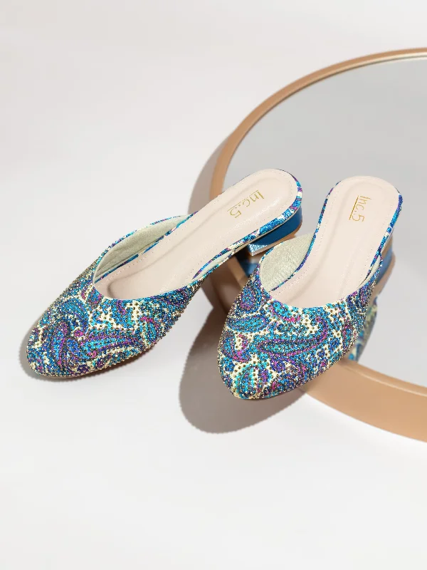 Luxury Sneakers For Sale Women Blue Printed Block Heel Mules With Western - Embellished Luxury Sneakers For Sale Women Blue Printed Block Heel Mules With Western - Embellished