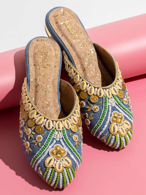 Stylish Winter Boots Women Blus Embellished Ethnic Block Mules Heels
