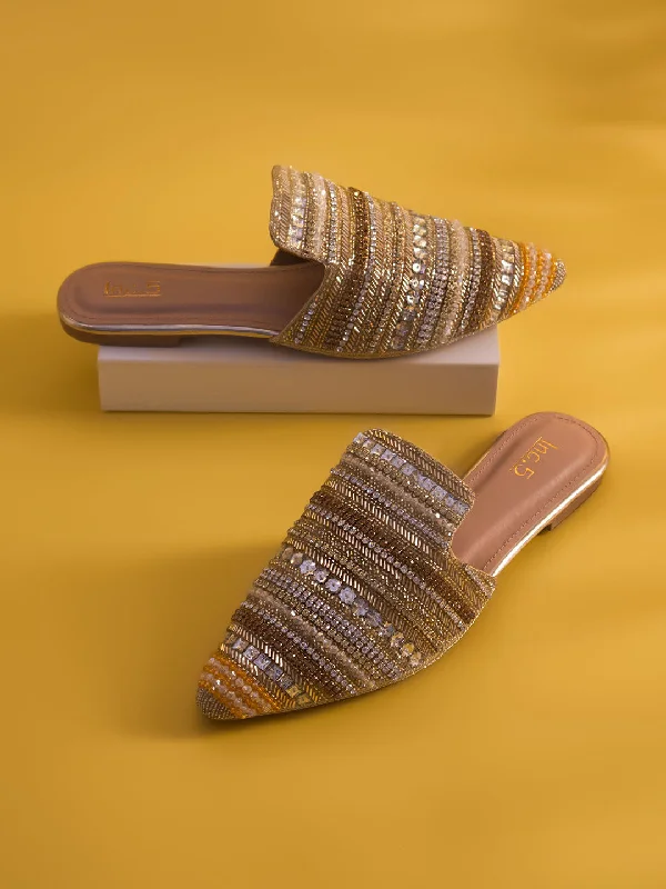 Women Gold Embellished Ethnic Mules