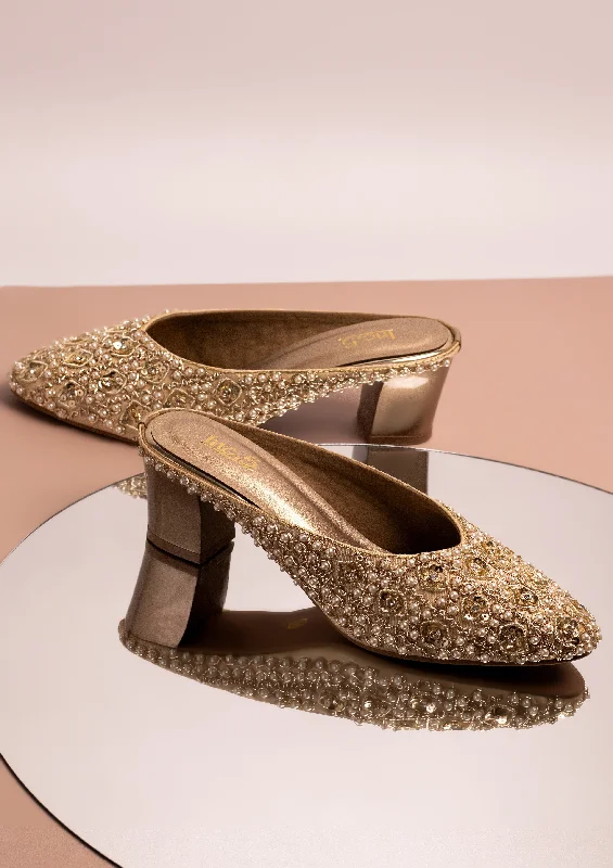 Sporty Snow Boots Women Gold Embroidered Ethnic Block Heel Mules