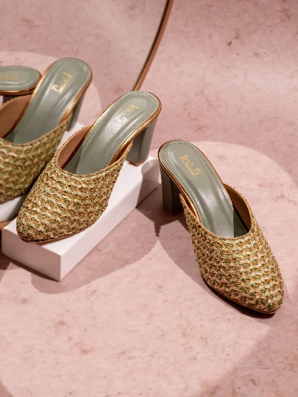 Trendy Boots For Winter Women Green Embellished Block Mules
