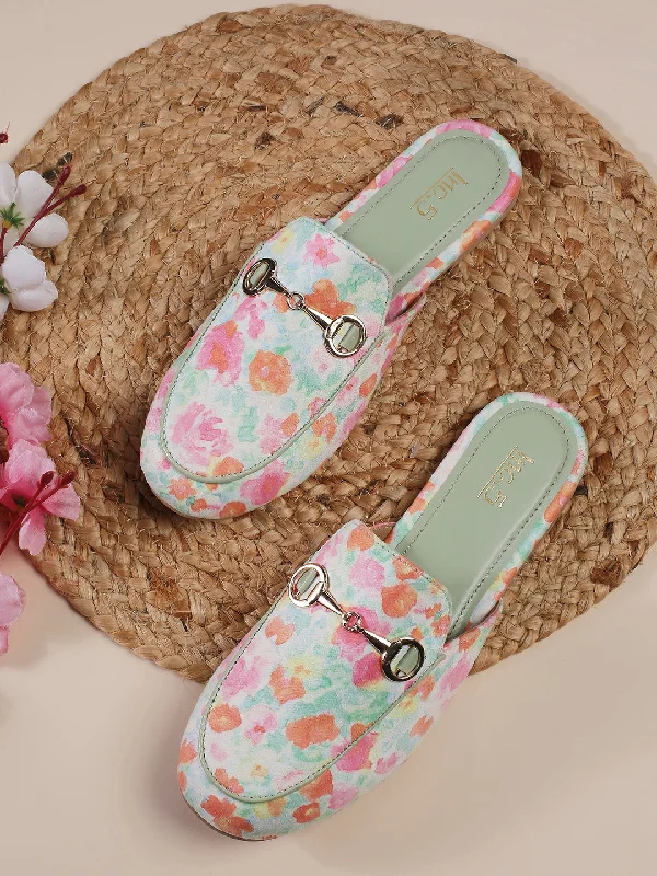 Comfortable Lace-Up Boots Women Green Printed Mules with Bows Flats