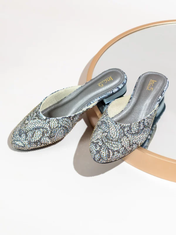 Comfortable Heeled Shoes Women Grey Printed Block Heel Mules With Western - Embellished