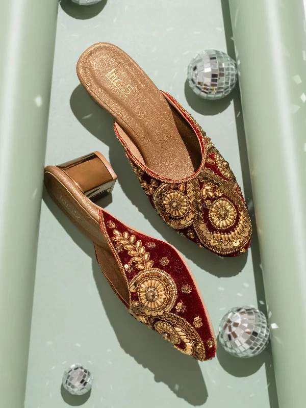 Formal Hiking Footwear Women Maroon Embellished Block Heel Mules