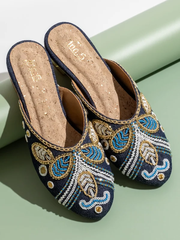 Cozy Indoor Slippers Women Navy Embroidered Round Toe Mules