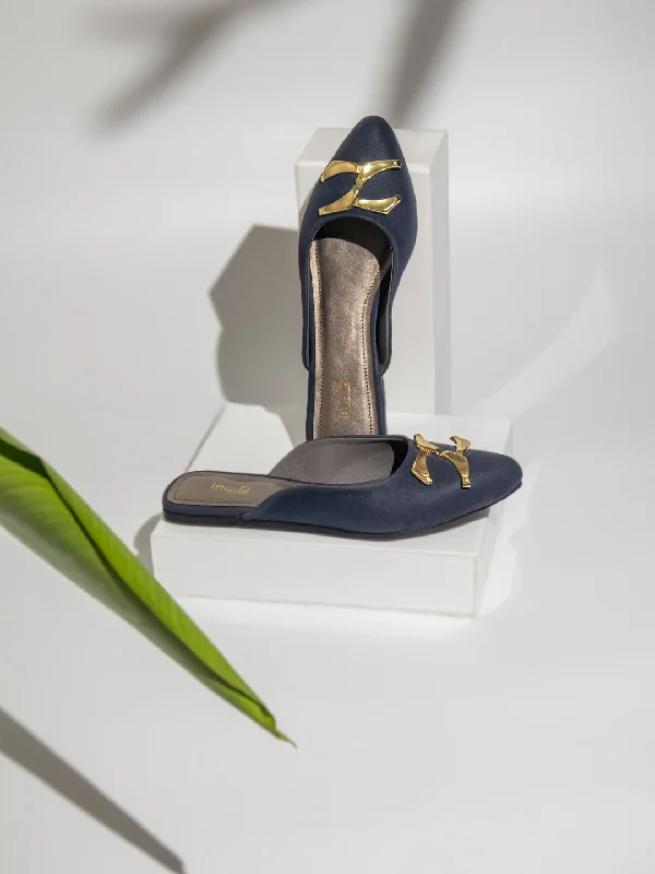 Comfortable Hiking Sandals Women Navy & Gold Toned Pointed Toe Mules With Buckle Detail