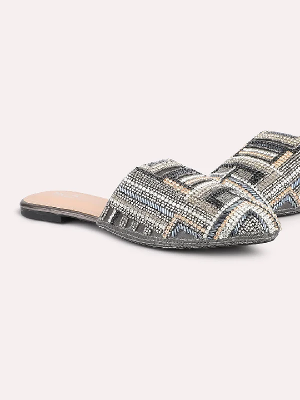 Casual Sports Footwear Women Pewter Embellished Ethnic Block Mules