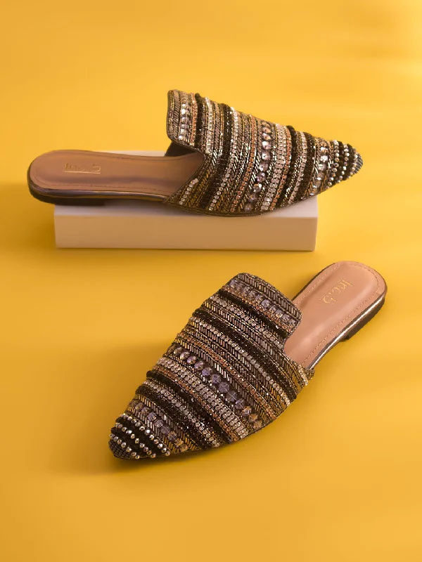 Cozy Casual Shoes Women Pewter Embellished Ethnic Mules