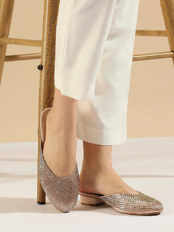 Running Shoes For Sale Women Rose Gold-Coloured Embellished Mules Block Heels