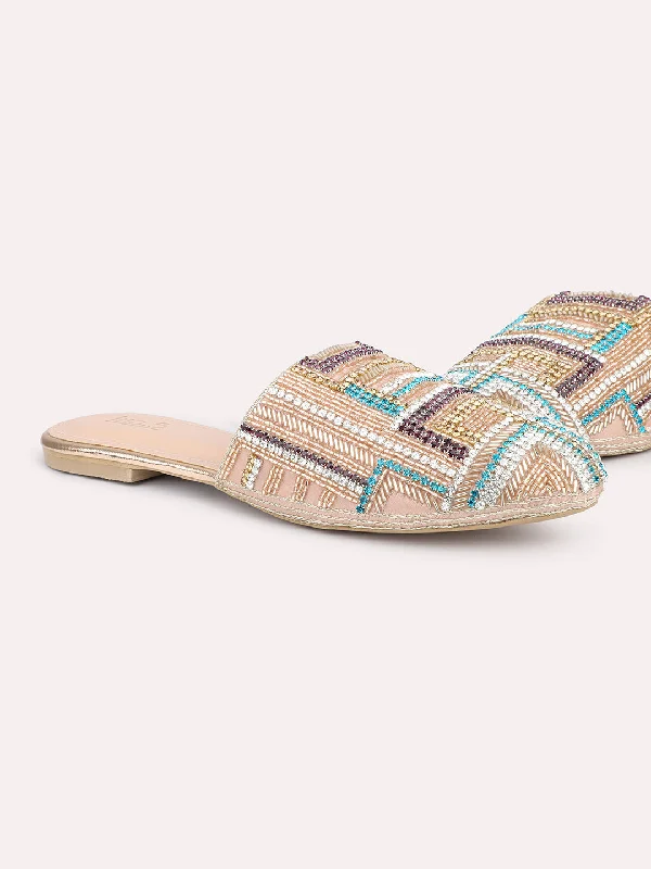 Outdoor Athletic Shoes Women Rose Gold Embellished Ethnic Block Mules