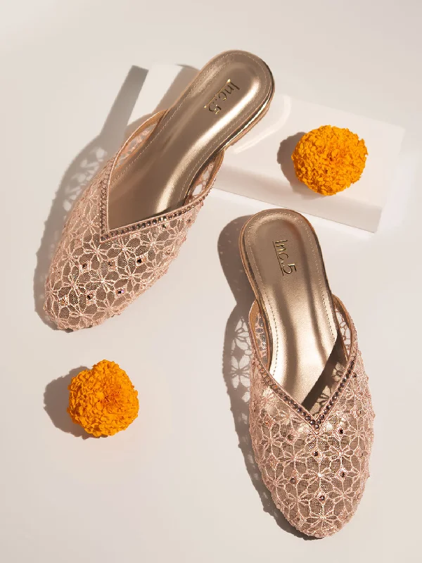 Elegant Casual Footwear Women Rose Gold Embellished Mules Flats