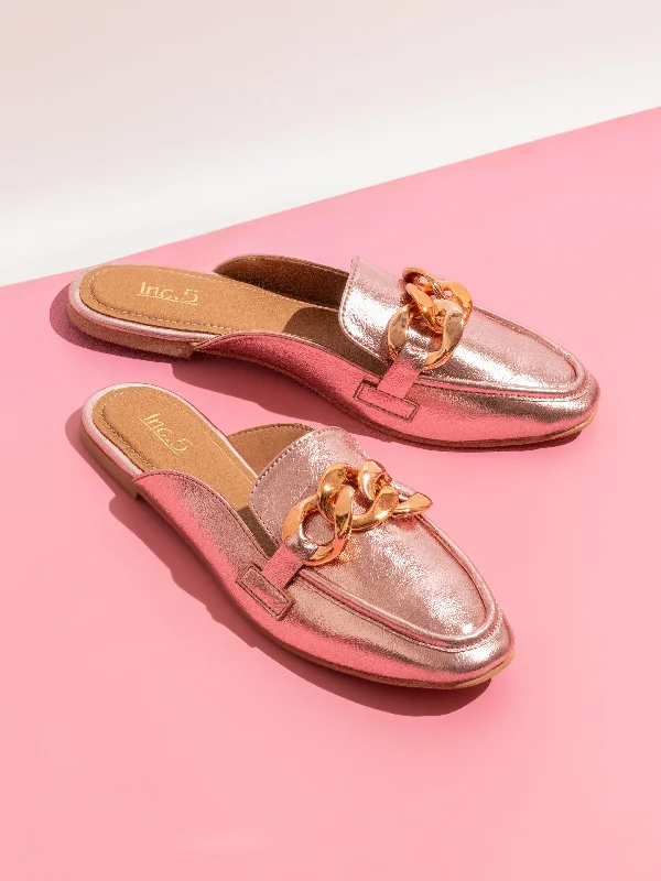 Luxury Hiking Shoes Women Rose Gold Mules Flats With Buckles