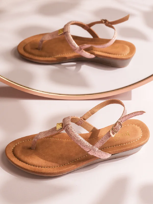 Outdoor Shoes Collection Women Rose Gold Textured Open-Toe Wedges