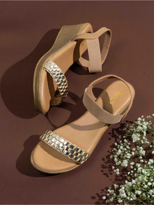 Sporty Running Shoes Womens Beige Party Wear Solid Round Toe Wedges Heel Sandals