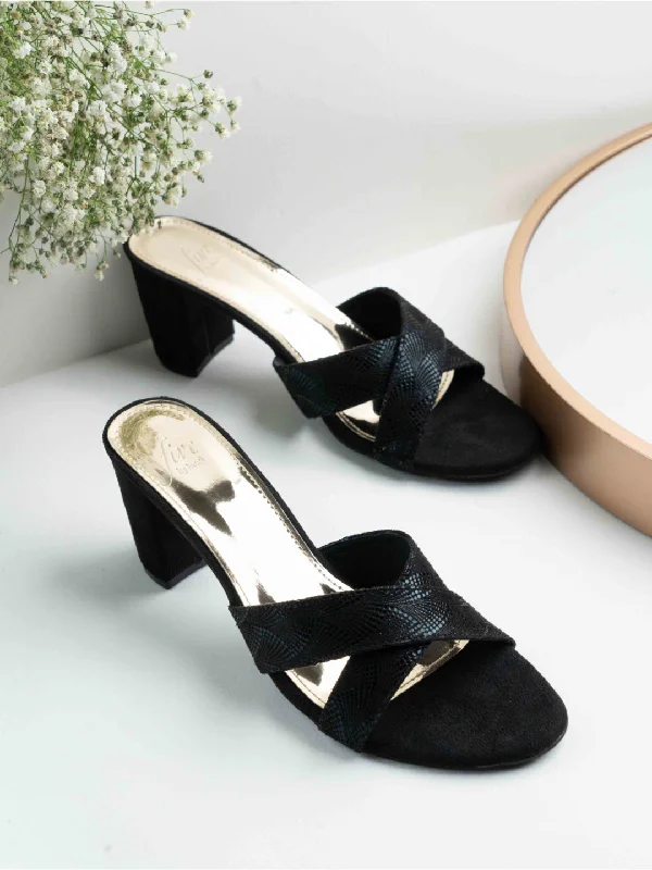 Comfortable Walking Sandals Womens Black Party Wear Solid Square Toe Block Heel Mules