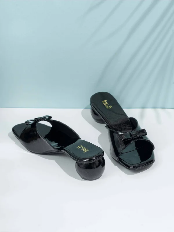 Casual Flip Flops Womens Black Party Wear Solid Square Toe Block Heel Mules